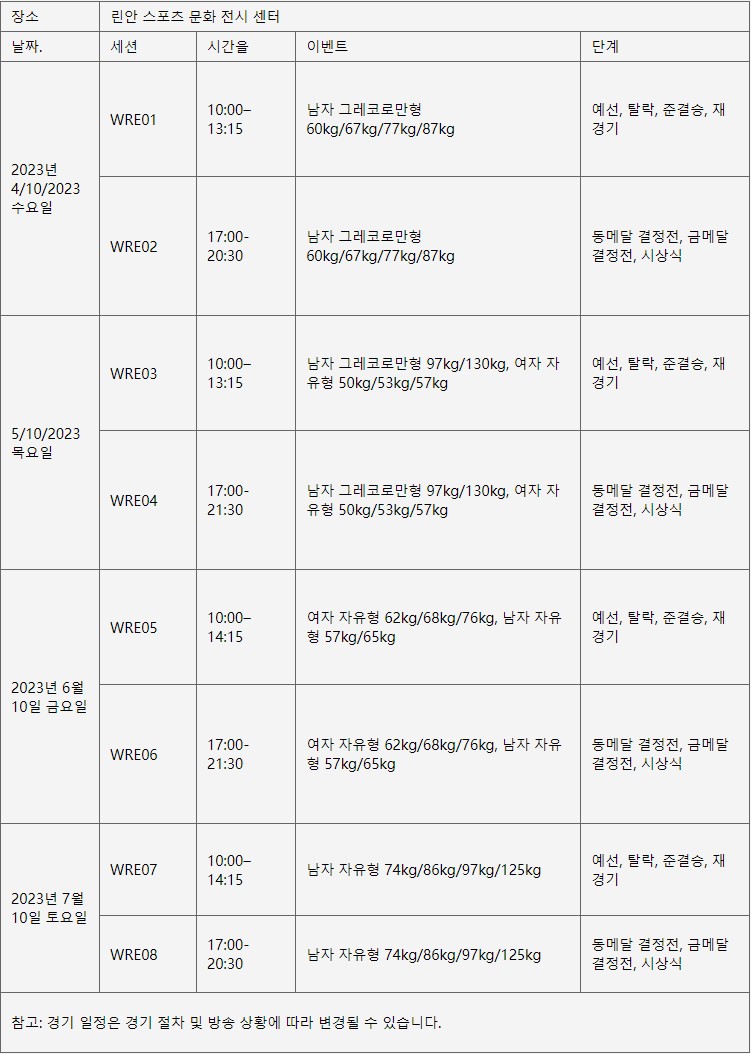 항저우 아시안게임 레슬링 경기일정